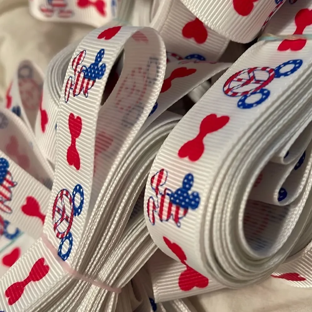 Grosgrain printed Ribbon 7/8” NEW 5 yards Mickey Mouse patriotic USA peace sign